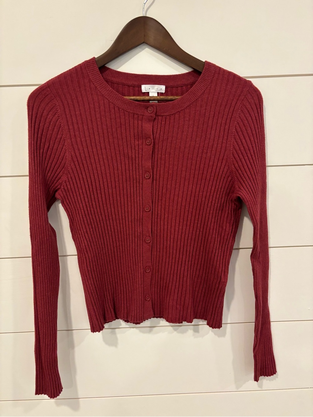 Leith NWT Ribbed Button-Front Long Sleeve Top Red Russet Size Large
